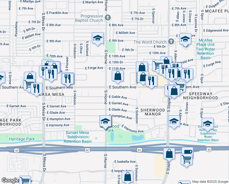 map of restaurants, bars, coffee shops, grocery stores, and more near 835 East Southern Avenue in Mesa