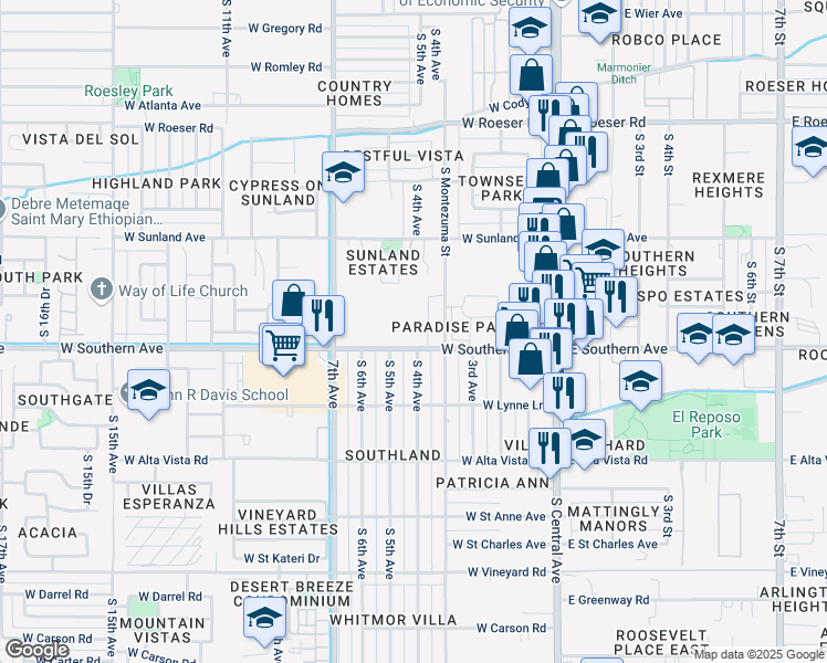 map of restaurants, bars, coffee shops, grocery stores, and more near 400 West Southern Avenue in Phoenix