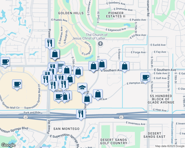 map of restaurants, bars, coffee shops, grocery stores, and more near 7143 East Southern Avenue in Mesa