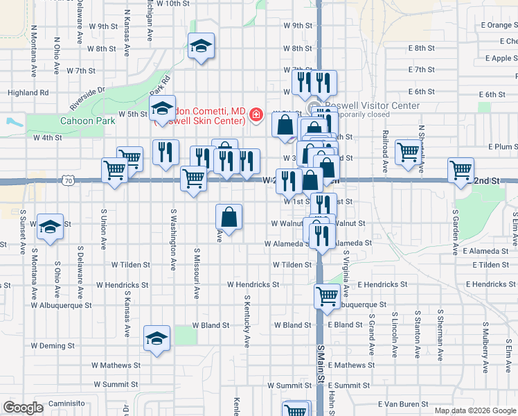 map of restaurants, bars, coffee shops, grocery stores, and more near 101-105 South Pennsylvania Avenue in Roswell