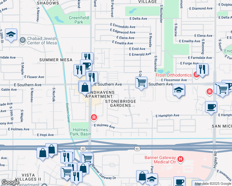 map of restaurants, bars, coffee shops, grocery stores, and more near 4538 East Garnet Avenue in Mesa
