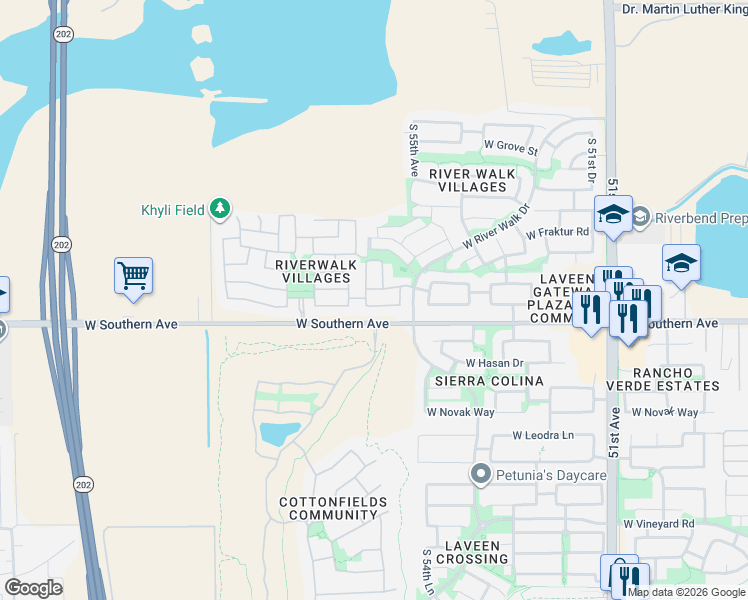 map of restaurants, bars, coffee shops, grocery stores, and more near 5830 South 55th Glen in Phoenix