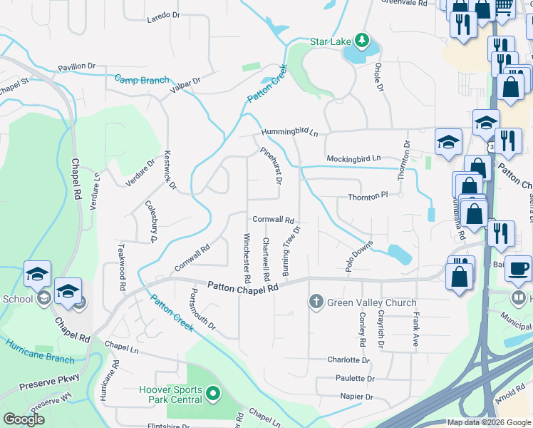 map of restaurants, bars, coffee shops, grocery stores, and more near 1808 Cornwall Road in Birmingham
