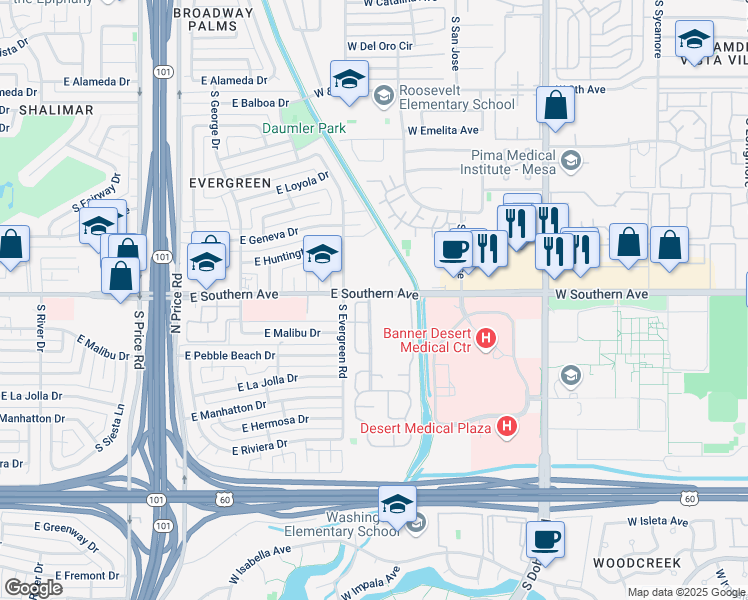 map of restaurants, bars, coffee shops, grocery stores, and more near 2645 East Southern Avenue in Tempe