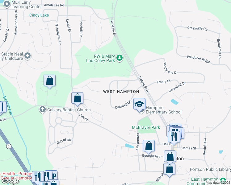 map of restaurants, bars, coffee shops, grocery stores, and more near 45 Belmont Court in Hampton