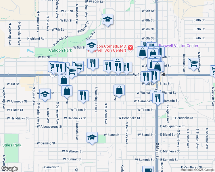 map of restaurants, bars, coffee shops, grocery stores, and more near 100 South Missouri Avenue in Roswell