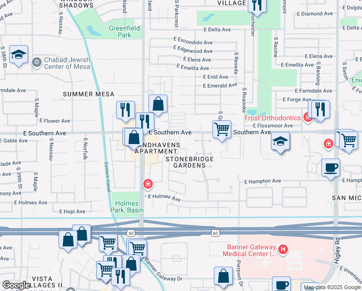 map of restaurants, bars, coffee shops, grocery stores, and more near 4538 East Garnet Avenue in Mesa