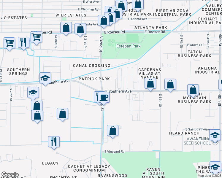 map of restaurants, bars, coffee shops, grocery stores, and more near 3228 East Southern Avenue in Phoenix