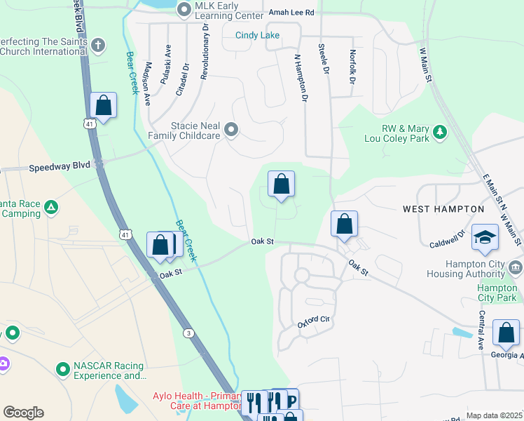 map of restaurants, bars, coffee shops, grocery stores, and more near 354 Friendship Oak Way in Hampton