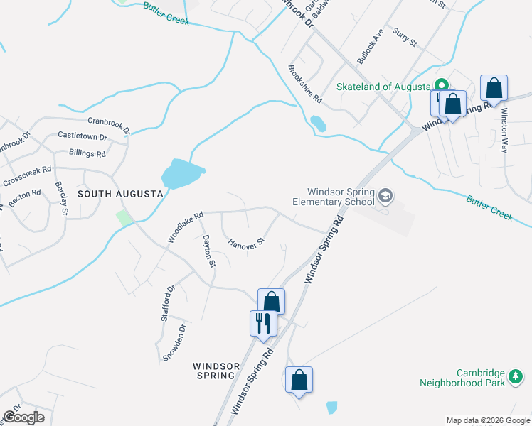 map of restaurants, bars, coffee shops, grocery stores, and more near 3530 Woodlake Road in Hephzibah