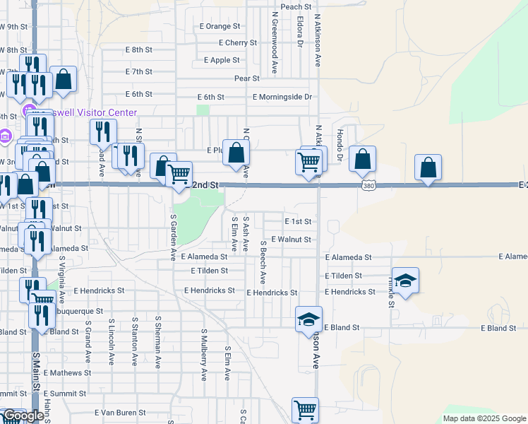 map of restaurants, bars, coffee shops, grocery stores, and more near 1101 East Brown Street in Roswell
