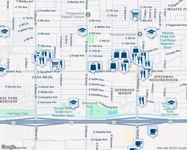 map of restaurants, bars, coffee shops, grocery stores, and more near 835 East Southern Avenue in Mesa