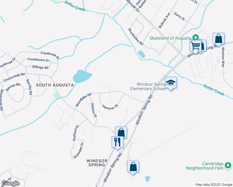 map of restaurants, bars, coffee shops, grocery stores, and more near 3530 Woodlake Road in Hephzibah