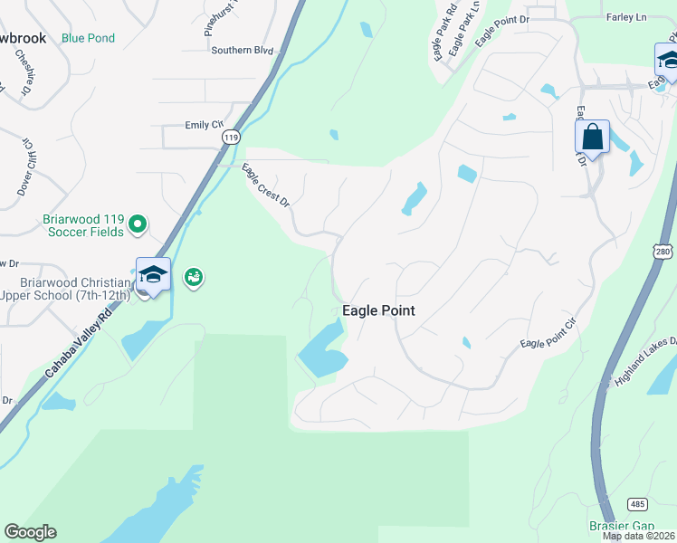 map of restaurants, bars, coffee shops, grocery stores, and more near 4986 Eagle Crest Road in Birmingham