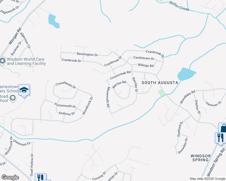 map of restaurants, bars, coffee shops, grocery stores, and more near 2604 Claymont Road in Hephzibah