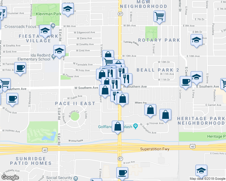 map of restaurants, bars, coffee shops, grocery stores, and more near 431 W Southern Ave in Mesa