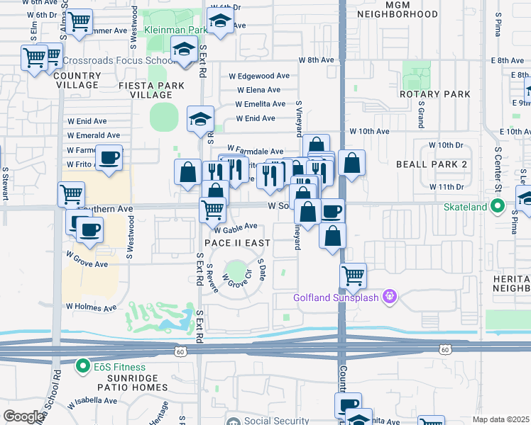 map of restaurants, bars, coffee shops, grocery stores, and more near 623 West Southern Avenue in Mesa