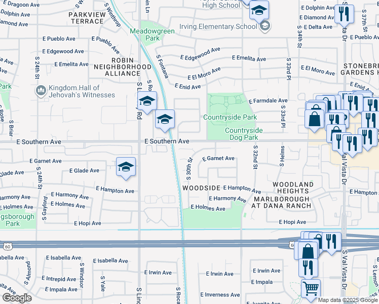 map of restaurants, bars, coffee shops, grocery stores, and more near 2953 East Gable Circle in Mesa