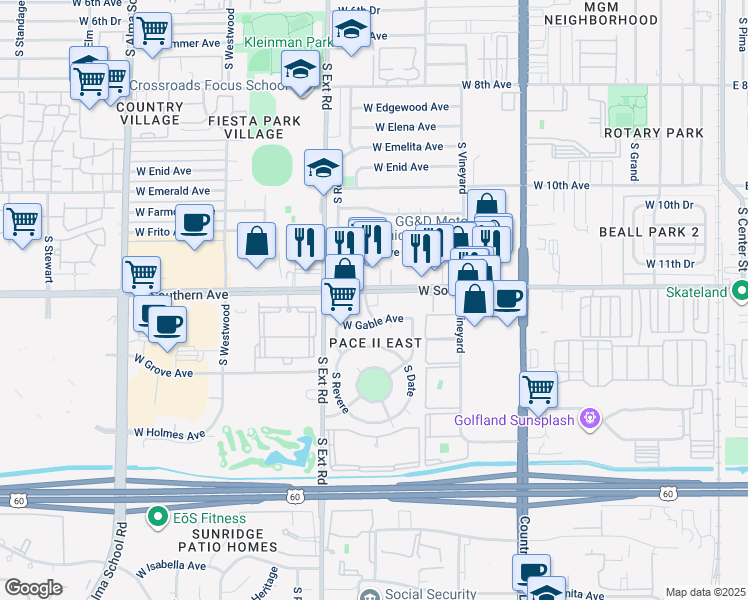 map of restaurants, bars, coffee shops, grocery stores, and more near 661 West Southern Avenue in Mesa