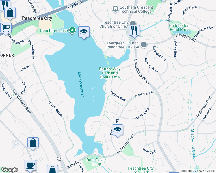 map of restaurants, bars, coffee shops, grocery stores, and more near 120 Battery Way in Peachtree City