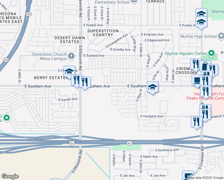 map of restaurants, bars, coffee shops, grocery stores, and more near 9351 East Southern Avenue in Mesa