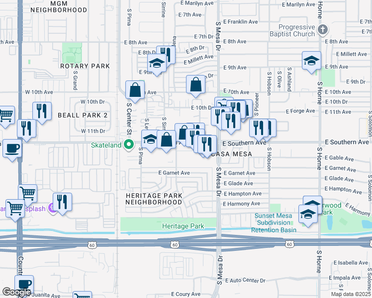 map of restaurants, bars, coffee shops, grocery stores, and more near in Mesa