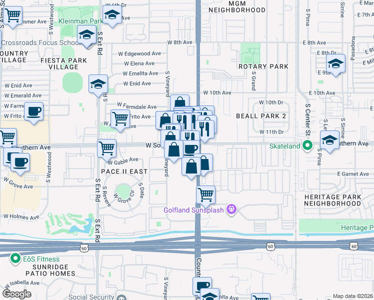 map of restaurants, bars, coffee shops, grocery stores, and more near 431 W Southern Ave in Mesa