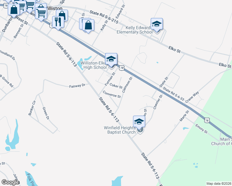 map of restaurants, bars, coffee shops, grocery stores, and more near 125 Converse Street in Williston
