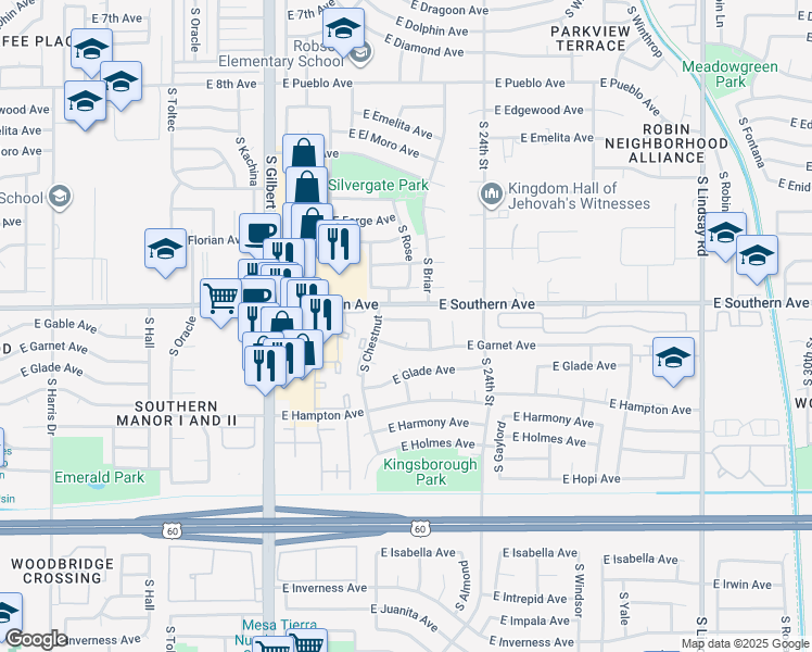 map of restaurants, bars, coffee shops, grocery stores, and more near 2235 East Gable Avenue in Mesa