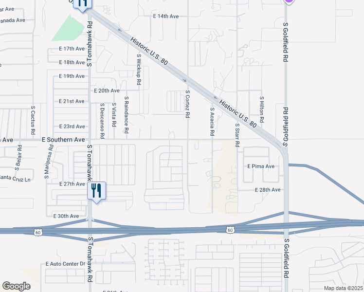 map of restaurants, bars, coffee shops, grocery stores, and more near South Conestoga Road in Apache Junction
