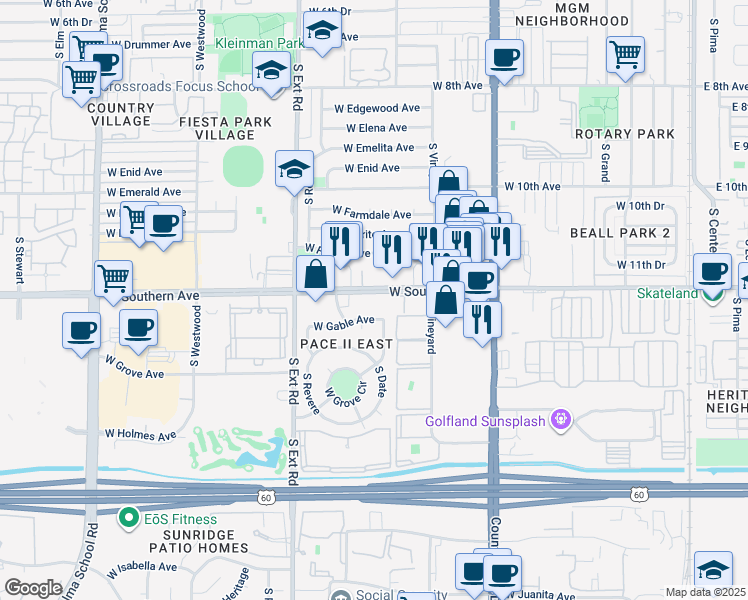 map of restaurants, bars, coffee shops, grocery stores, and more near 623 West Southern Avenue in Mesa