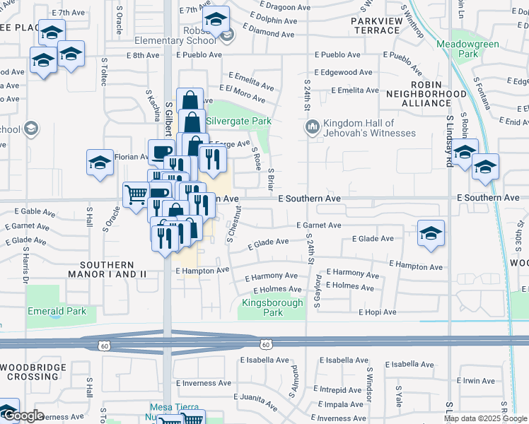 map of restaurants, bars, coffee shops, grocery stores, and more near 2235 East Gable Avenue in Mesa