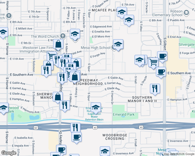 map of restaurants, bars, coffee shops, grocery stores, and more near 1219 South Barkley in Mesa
