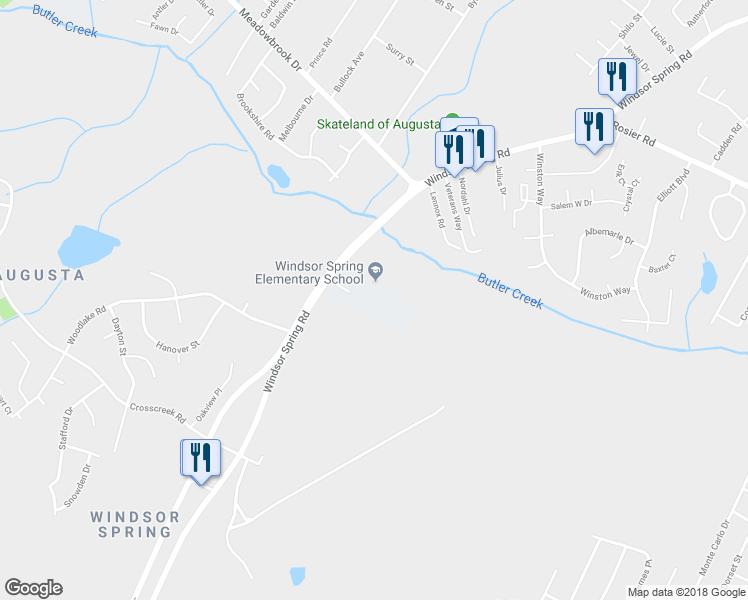 map of restaurants, bars, coffee shops, grocery stores, and more near 2534 Windsor Spring Road in Augusta