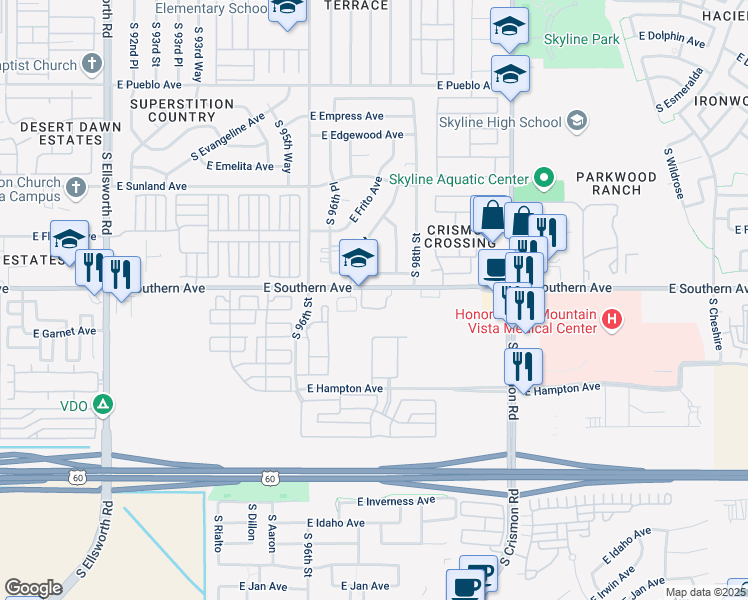 map of restaurants, bars, coffee shops, grocery stores, and more near 9733 East Southern Avenue in Mesa