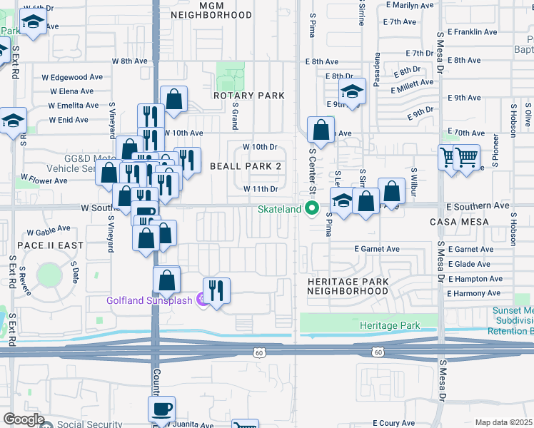 map of restaurants, bars, coffee shops, grocery stores, and more near 61 West Southern Avenue in Mesa