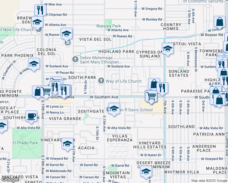 map of restaurants, bars, coffee shops, grocery stores, and more near 1311 West Hidalgo Avenue in Phoenix
