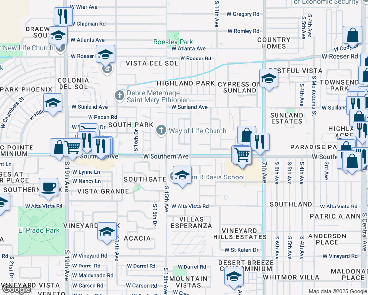 map of restaurants, bars, coffee shops, grocery stores, and more near 1311 W Hidalgo Ave in Phoenix