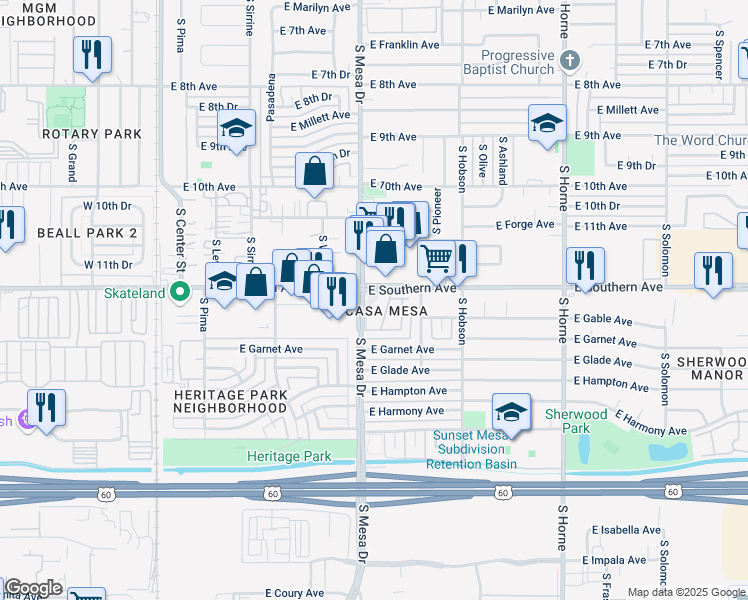 map of restaurants, bars, coffee shops, grocery stores, and more near 417 East Southern Avenue in Mesa