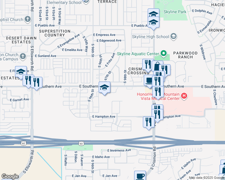 map of restaurants, bars, coffee shops, grocery stores, and more near 9740 East Hampton Avenue in Mesa