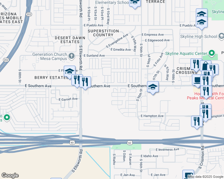 map of restaurants, bars, coffee shops, grocery stores, and more near 9351 East Southern Avenue in Mesa