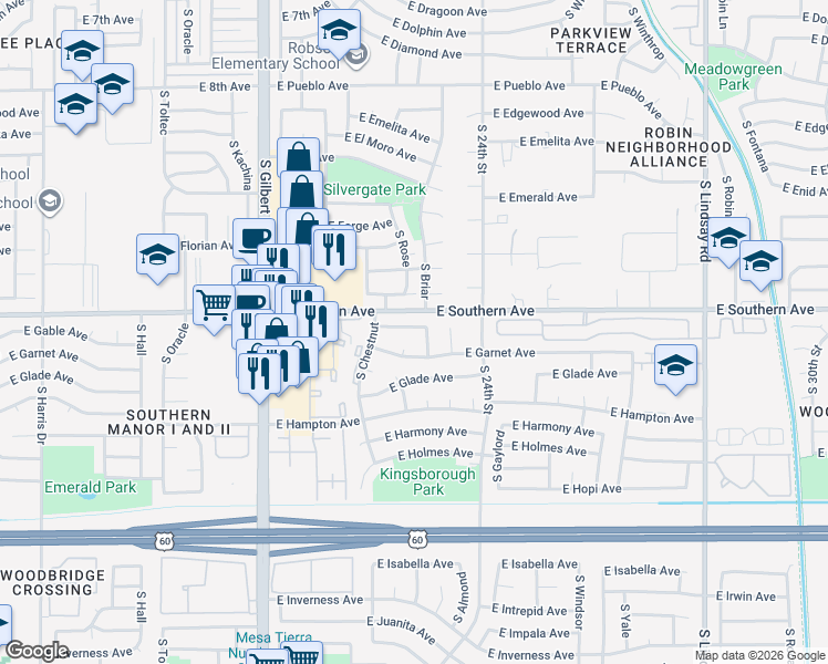 map of restaurants, bars, coffee shops, grocery stores, and more near 2235 East Gable Avenue in Mesa