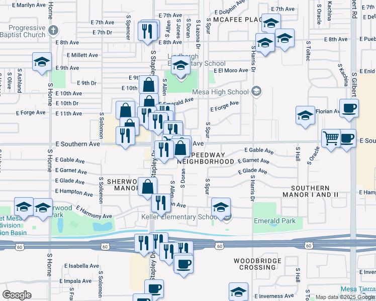 map of restaurants, bars, coffee shops, grocery stores, and more near 1216 South Doran in Mesa