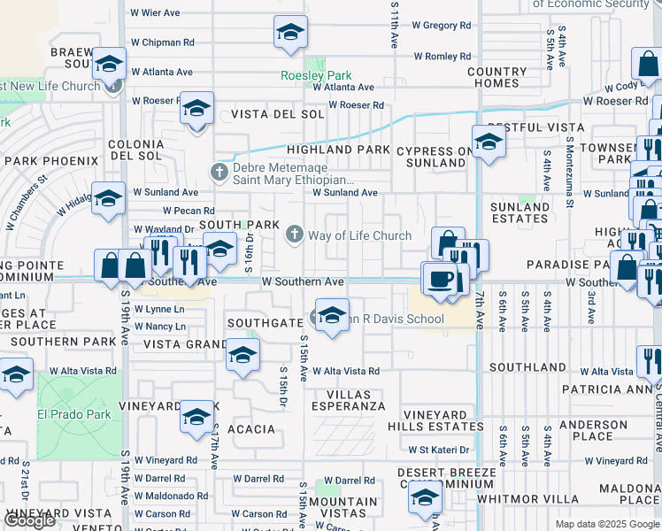 map of restaurants, bars, coffee shops, grocery stores, and more near 1311 West Hidalgo Avenue in Phoenix
