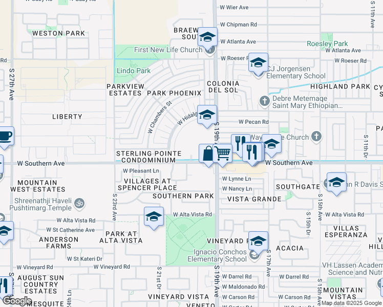 map of restaurants, bars, coffee shops, grocery stores, and more near 2002 West Southern Avenue in Phoenix