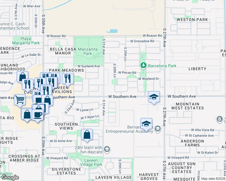 map of restaurants, bars, coffee shops, grocery stores, and more near 3016 West Kowalsky Lane in Phoenix