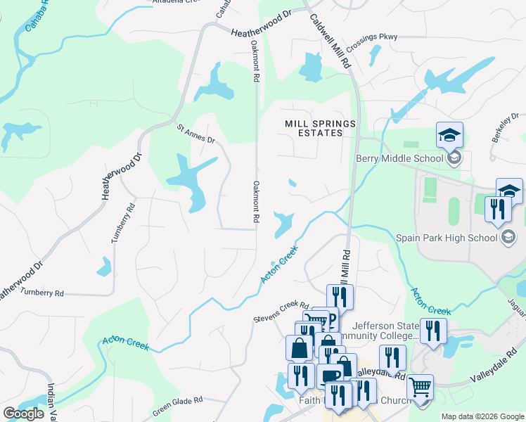 map of restaurants, bars, coffee shops, grocery stores, and more near 184 Oakmont Road in Birmingham