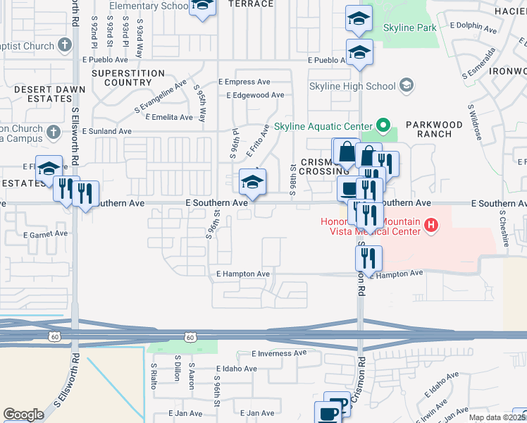map of restaurants, bars, coffee shops, grocery stores, and more near 9733 East Southern Avenue in Mesa