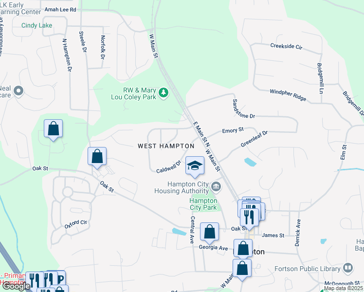 map of restaurants, bars, coffee shops, grocery stores, and more near 20 Porter Court in Hampton