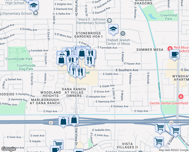 map of restaurants, bars, coffee shops, grocery stores, and more near Unnamed Road in Mesa